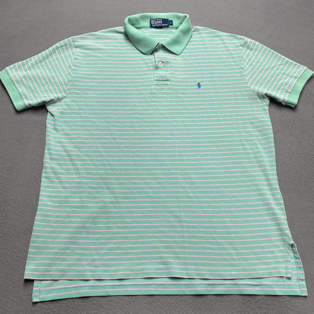 Polo Ralph Lauren Polo Shirt Mens Large Green Pink Striped Blue Pony Cotton‎
